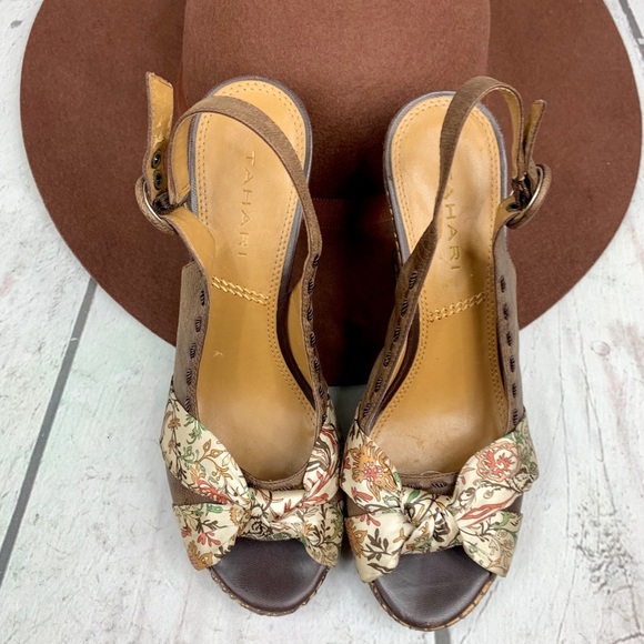 Tahari Shoes - TAHARI  brown lace,satin sling back wedge 7.0